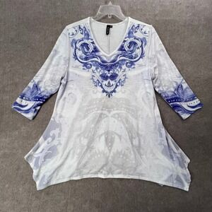 ARTW XL White Blue Embellished 3/4‎ Sleeve Tunic Top Artsy Bohemian